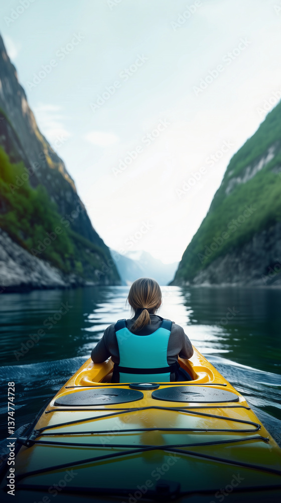 Woman in yellow kayak on a mountain lake exploring nature with adventure and sustainable outdoor tourism