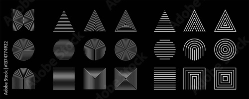 Minimalist geometric line art with circles, squares, and triangles in abstract vector set. Modern boho aesthetic with Bauhaus, Memphis, and Swiss style
