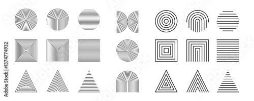 Minimalist geometric line art with circles, squares, and triangles in abstract vector set. Modern boho aesthetic inspired by Bauhaus, Memphis, and Swiss graphic style