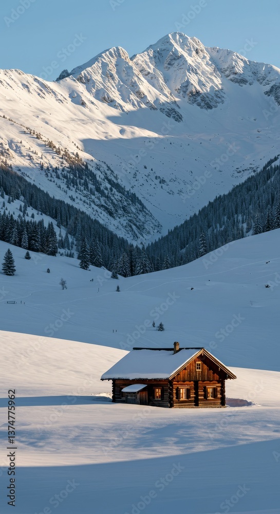 Fototapeta premium Cozy wooden cabin in snowy mountains under blue sky 