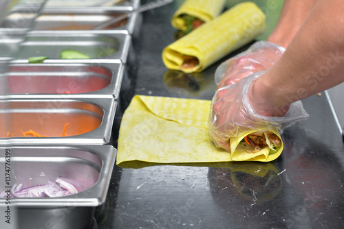 Homemade shawarma preparation - fresh ingredients and grilled meat