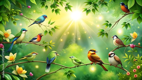 Spring background with butterflies and birds 