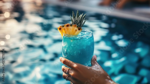 Vibrant Blue Cocktail Elegantly Held by a Woman’s Hand in a Luxurious Poolside Setting – A Perfect Symbol of Relaxation, Summer Bliss, and Tropical Getaways. Summer advertisement concept