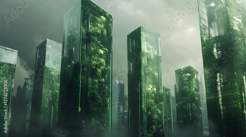 A cityscape with self-sustaining skyscrapers covered in algae panels that produce bio-energy.