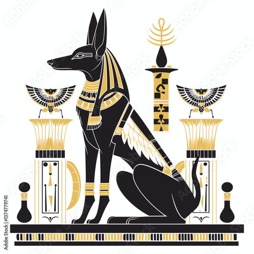 Stylized black and gold graphic illustration of Anubis, the ancient Egyptian jackal-headed god, on a white background. Minimalist mythological artwork with symbolic cultural and spiritual meaning.