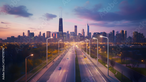 A city skyline with kinetic energy streetlights powered by pedestrian movement.
