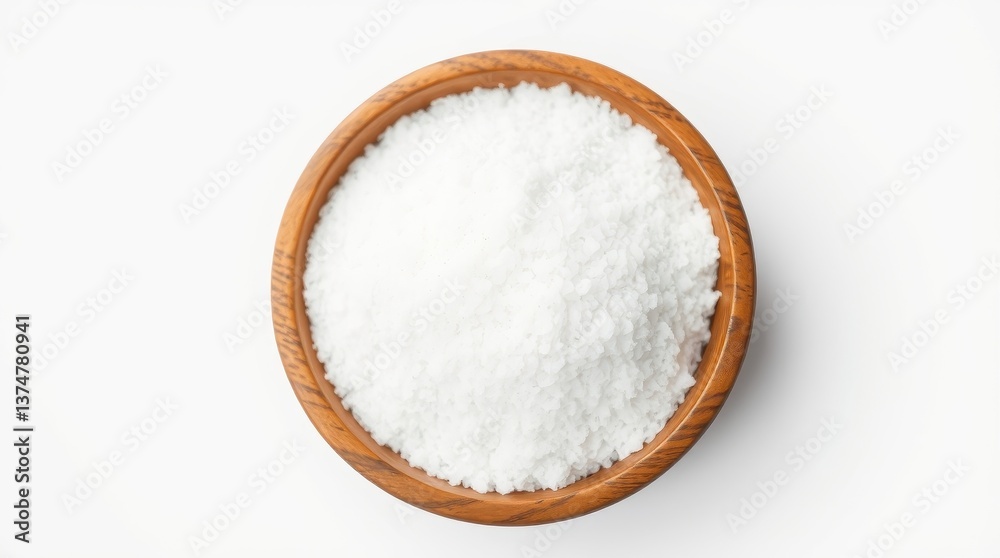 Granulated White Sugar in a Wooden Bowl on White Background Granulated White Sugar in a Wooden Bowl on White Background