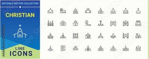 Christian simple icon. Contain linear symbols christ, building, synagogue, faith and more. Church icon set. Modern icons collection. Vector illustration. Pixel perfect.