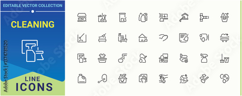 Cleaning related icon set. Contains such symbols as wash, bin, washer, household and more. Maintenance icon collection. Minimalist linear icons. Art and illustration.