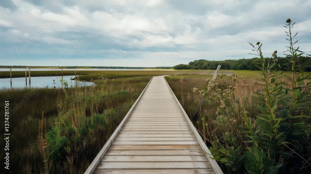 Fototapeta premium Wooden boardwalk leading through a marshland, surrounded by tall grasses and wildflowers, with wooden posts in a cloudy landscape.