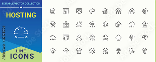 Hosting vector line icon set. Included cloud, data, network, networking, technology, storage and more. Cloud Server simple icon. Thin UI icons. Signs for web and mobile app.