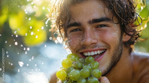 Happy young man eating grapes outdoors in sunlight with water drops. photo