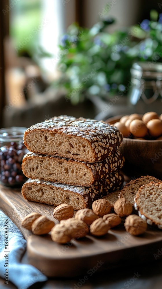 Fototapeta premium Stacked bread slices with almonds