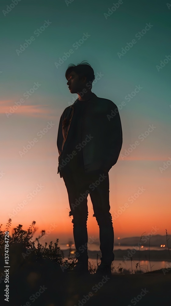 Fototapeta premium Dramatic silhouette of young Asian male standing against vibrant sunset sky with gradient teal and orange colors, creating moody atmospheric scene at dusk.