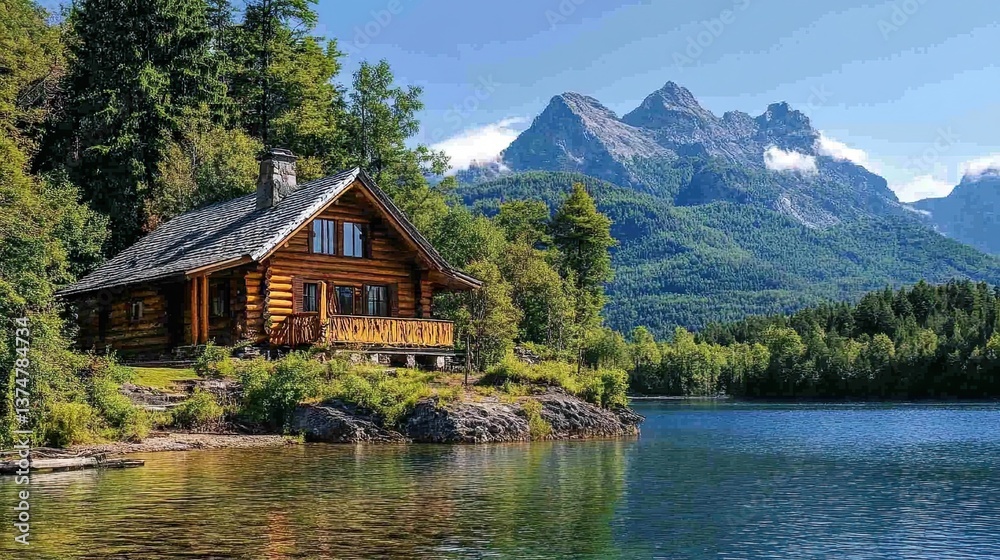 A rustic log cabin located on pristine lakeshores with mountains rising in the background A rustic log cabin located on pristine lakeshores with mountains rising in the background