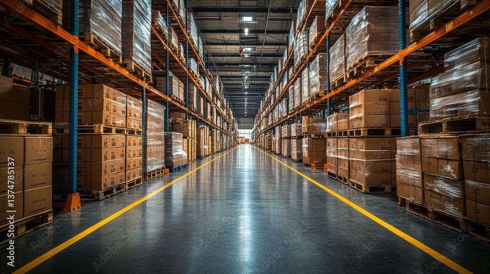 Long aisles of neatly stacked boxes fill a spacious warehouse dedicated to logistics and distribution, showcasing well organized storage and inventory management. Long aisles of neatly stacked boxes fill a spacious warehouse dedicated to logistics and distribution, showcasing well organized storage and inventory management.