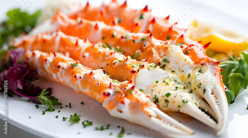A delicate king crab leg dish with yuzu butter and microgreens.