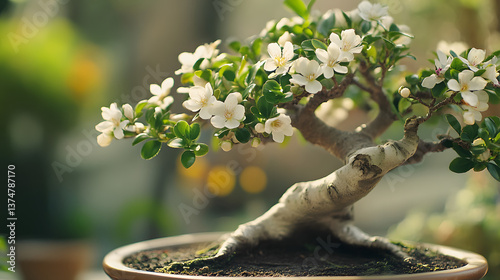 A detailed macro shot of bonsai flowers blooming on its delicate branches.