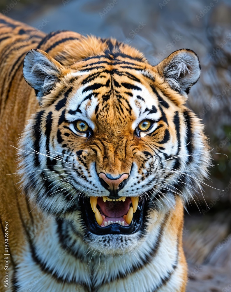 Fototapeta premium A majestic tiger stands with bared teeth, showcasing its strength and beauty against a backdrop of vibrant greenery, illuminated by the warm glow of the fading sun.