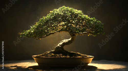 A dramatic night shot of a bonsai tree illuminated by a soft light source.