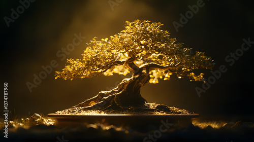 A dramatic night shot of a bonsai tree illuminated by a soft light source.