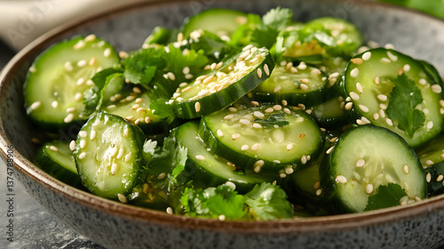 A fresh Asian cucumber salad with sesame seeds and a soy ginger dressing.