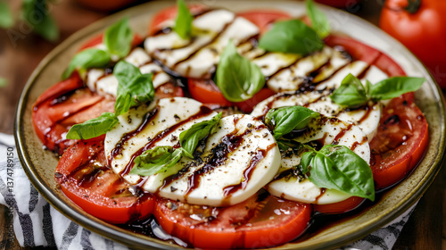 A fresh Caprese salad with sliced mozzarella tomatoes and basil.