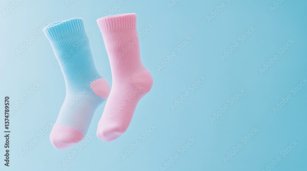 Floating Pastel Socks Against Soft Blue Background with Space for Text Floating Pastel Socks Against Soft Blue Background with Space for Text