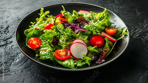 A fresh garden salad with mixed greens radishes and cherry tomatoes.