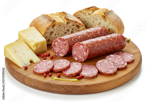 Linguiça Blumenau fatiada com acompanhamentos em tábua de madeira. photo
