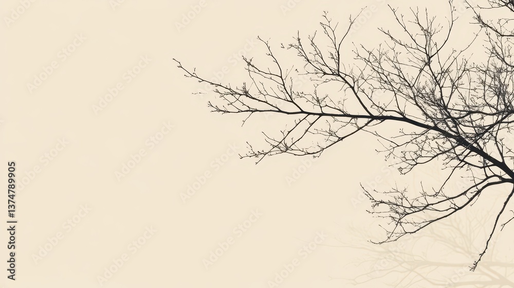 Fototapeta premium Monochrome Silhouette of Winter Tree Branches against a Creamy Beige Sky, Background Showcasing Stark Beauty and the Promise of Spring
