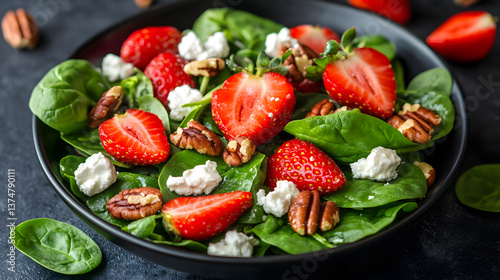 A fresh summer strawberry and spinach salad with goat cheese and pecans.