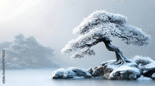 A frost-covered bonsai tree in a winter landscape with snow gently resting on its branches.
