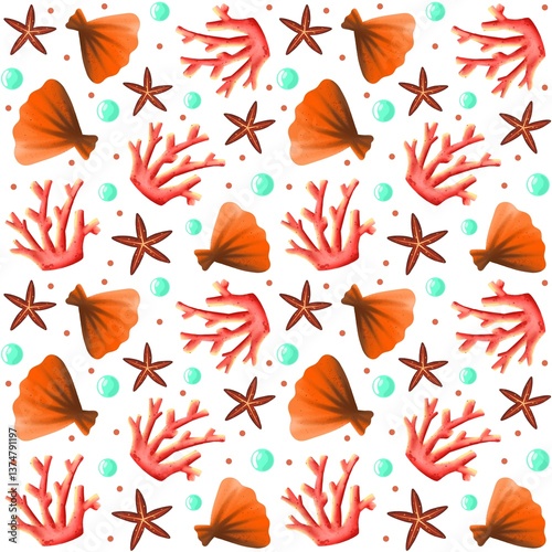 set of marine elements with corals, shells and starfish
