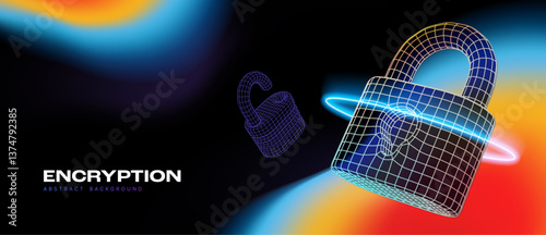Abstract encryption concept with digital wireframe padlocks floating in cyberspace. Cybersecurity, data protection, privacy, and online safety theme. Futuristic cyber tech style. Vector illustration.
