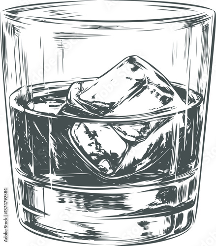 Whiskey glass with ice cubes in detailed black and white sketch illustration. Vector illustration