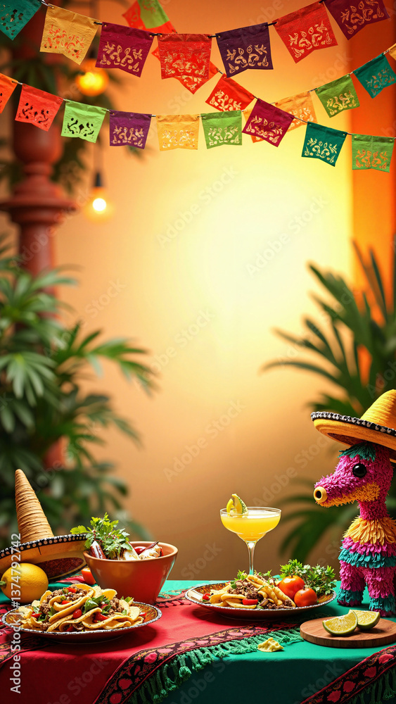Vibrant Cinco de Mayo celebration with traditional decorations and food, isolated on transparent background, ideal for marketing, social media, and event promotions keywords: Cinco de Mayo,