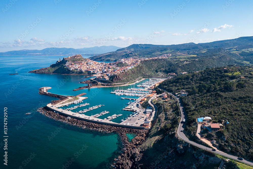 Obraz premium Aerial view of the town and harbour of Castelsardo, Sassari province, Sardinia, Italy, Europe