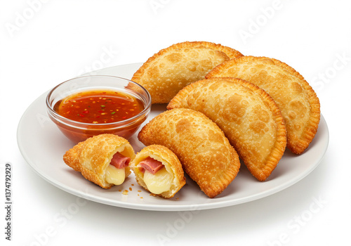Pasteis fritos crocantes com molho em prato branco.