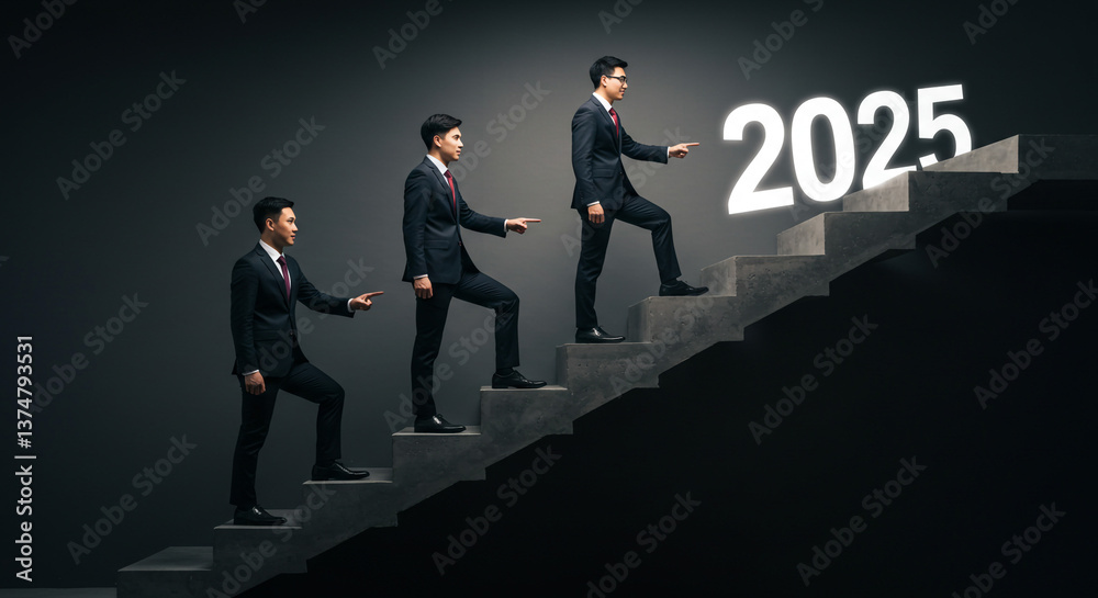 Obraz premium Three ambitious businessmen ascend the steps towards 2025, a journey of progress and collaboration illuminated in a dramatic, dark setting.