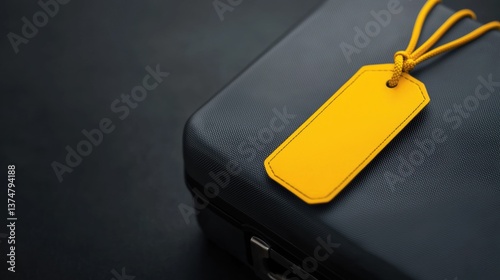 Close-up of a black suitcase with a yellow luggage tag attached to it. the luggage tag is rectangular in shape and has a loop at the top for attaching it to the suitcase.