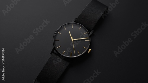 Wallpaper Mural Close-up of a wristwatch with a black dial and a black strap. the watch has a round face with a gold-colored hour hand and minute hand. Torontodigital.ca