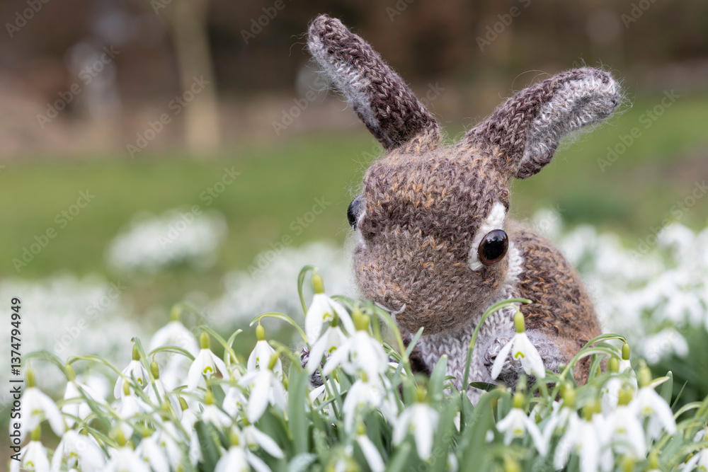 Obraz premium Knitted easter bunny sitting in a field of snowdrops