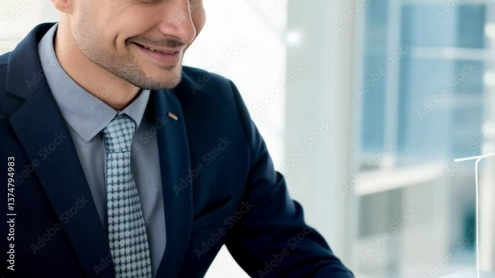 Businessman working on laptop with quality assurance graphic overlay on screen in office setting Businessman working on laptop with quality assurance graphic overlay on screen in office setting