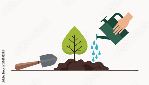 Watering a young tree with a watering can in a garden setting  