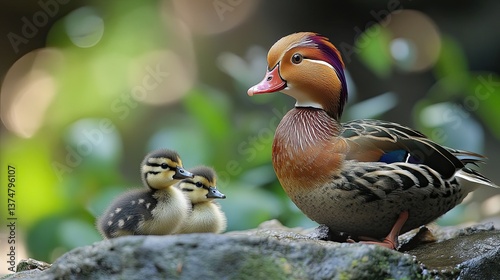 Mandarin Duck and Duckling: A close-up of a mandarin duck and its duckling on a rock