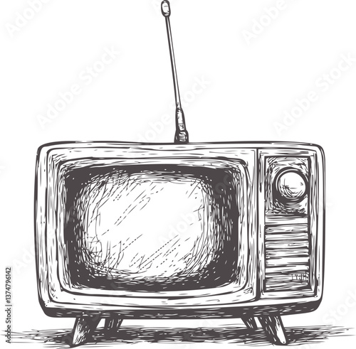 Retro television illustration with antenna in black and white hand drawn style. Vector illustration