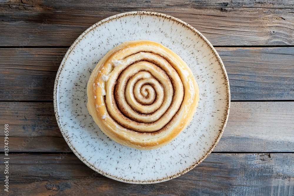 A large plate of iced cinnamon buns, also known as danish butter horns, is seen from a top-down perspective on a wooden table A large plate of iced cinnamon buns, also known as danish butter horns, is seen from a top-down perspective on a wooden table