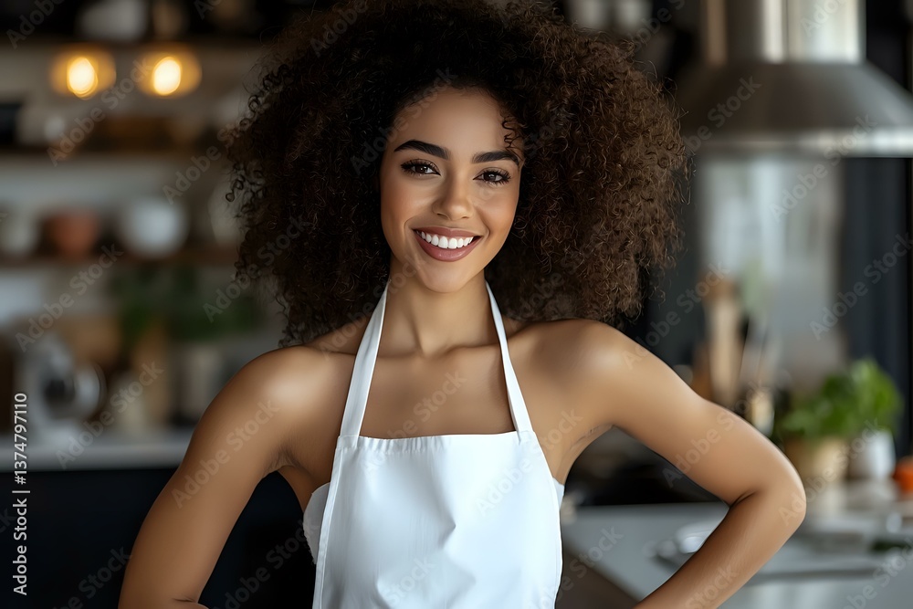 Fototapeta premium Young African American woman barista with natural curly afro hair wearing white apron smiling confidently in modern coffee shop interior with warm lighting.