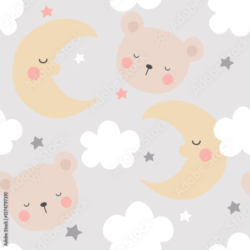 Seamless pattern with  bear, moon, clouds, and stars. Kids vector illustration. It can be used for wallpapers, wrappers, cards, patterns for clothes, and others.
